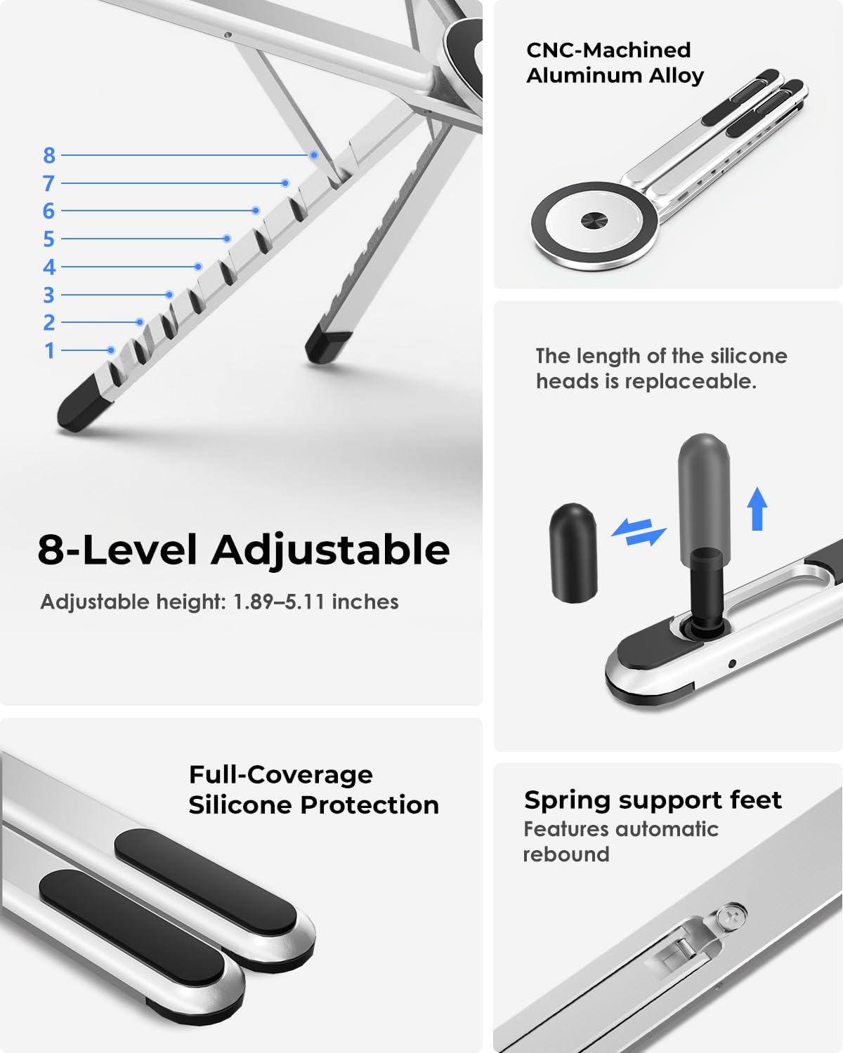 Unidock FlexLift Foldable Aluminum Laptop Stand, 8-Level Adjustable Ergonomic Riser for Desk, Magnetic Multi-Device Stand for Laptop, Tablet & Phone