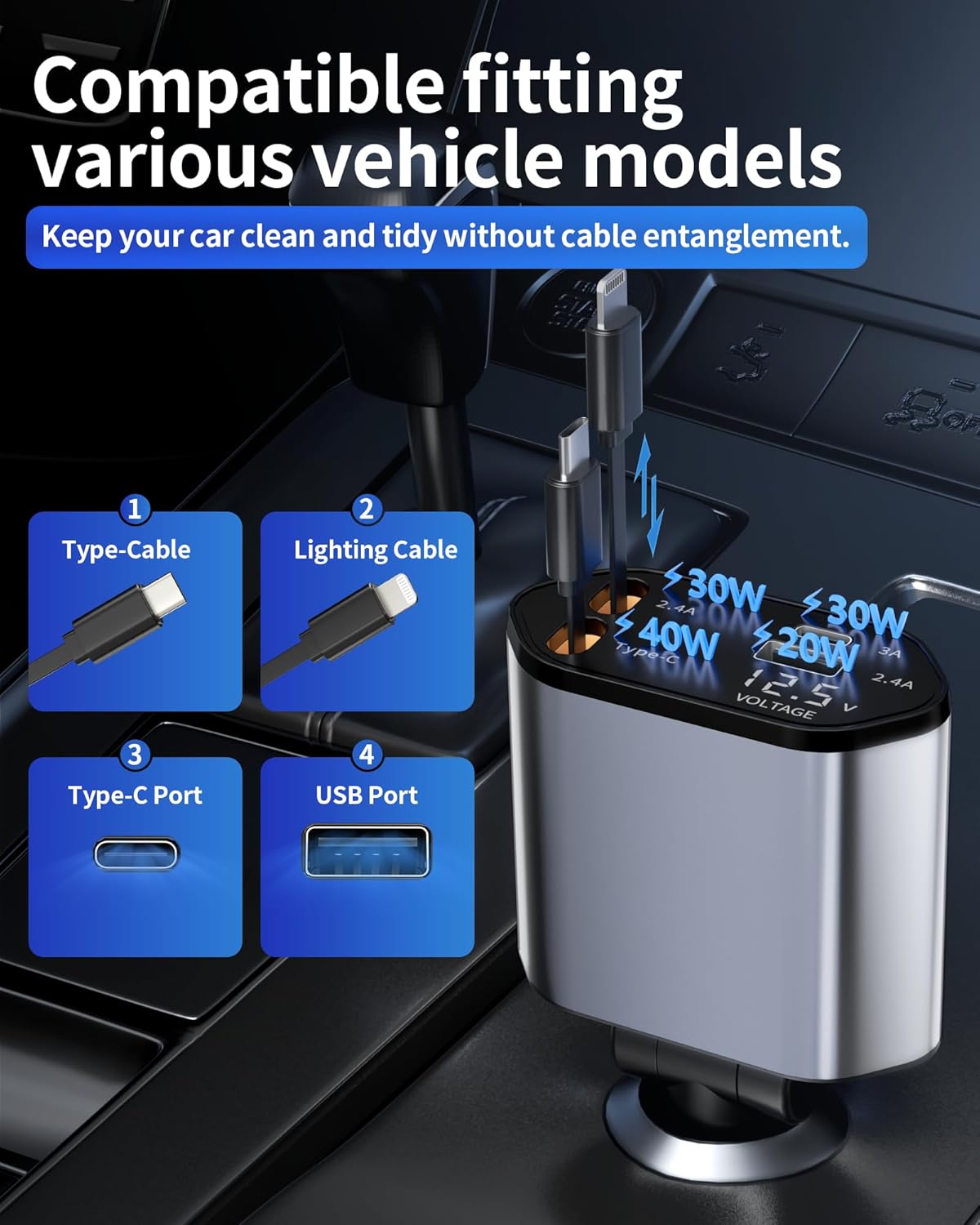 UNIDOCK Upgraded Retractable Car Charger 60W Fast Charging (BIS Certified & Tested)