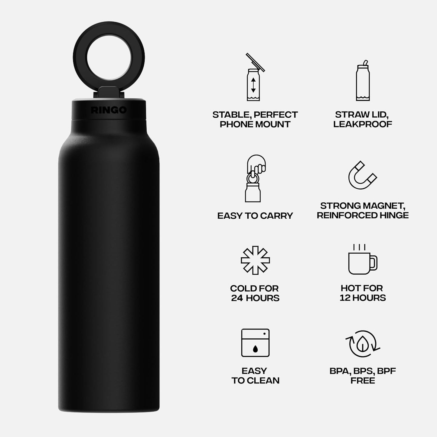 Unidock RINGO Magnetic Bottle with Phone Stand – Leakproof Straw, 24H Cold/12H Hot Insulated Stainless Steel Water Bottle with Comfort Grip & Reinforced Hinge