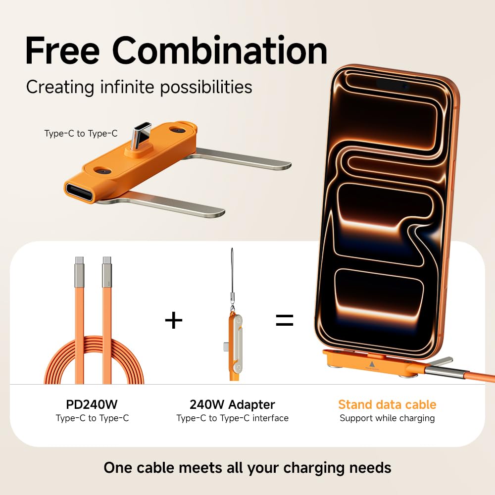 UNIDOCK 240W Fast Charging USB-C Cable with Stand, 90° Angle Braided Type-C Cable, Ultra Durable, Universal Compatible