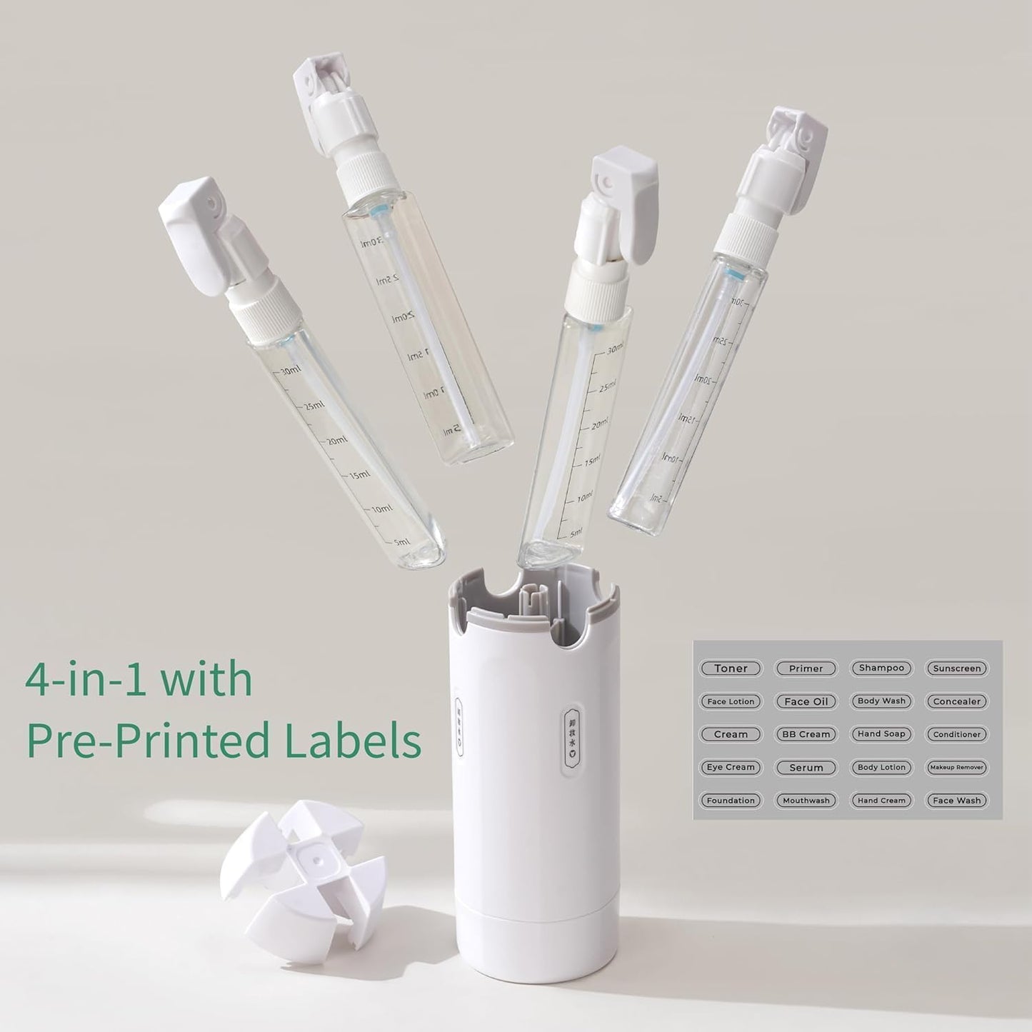 UNIDOCK 4-in-1 Travel Bottle Dispenser (30ML x4) – Leak-Proof, TSA Approved, Compact Toiletry Organizer for Shampoo, Lotion & More