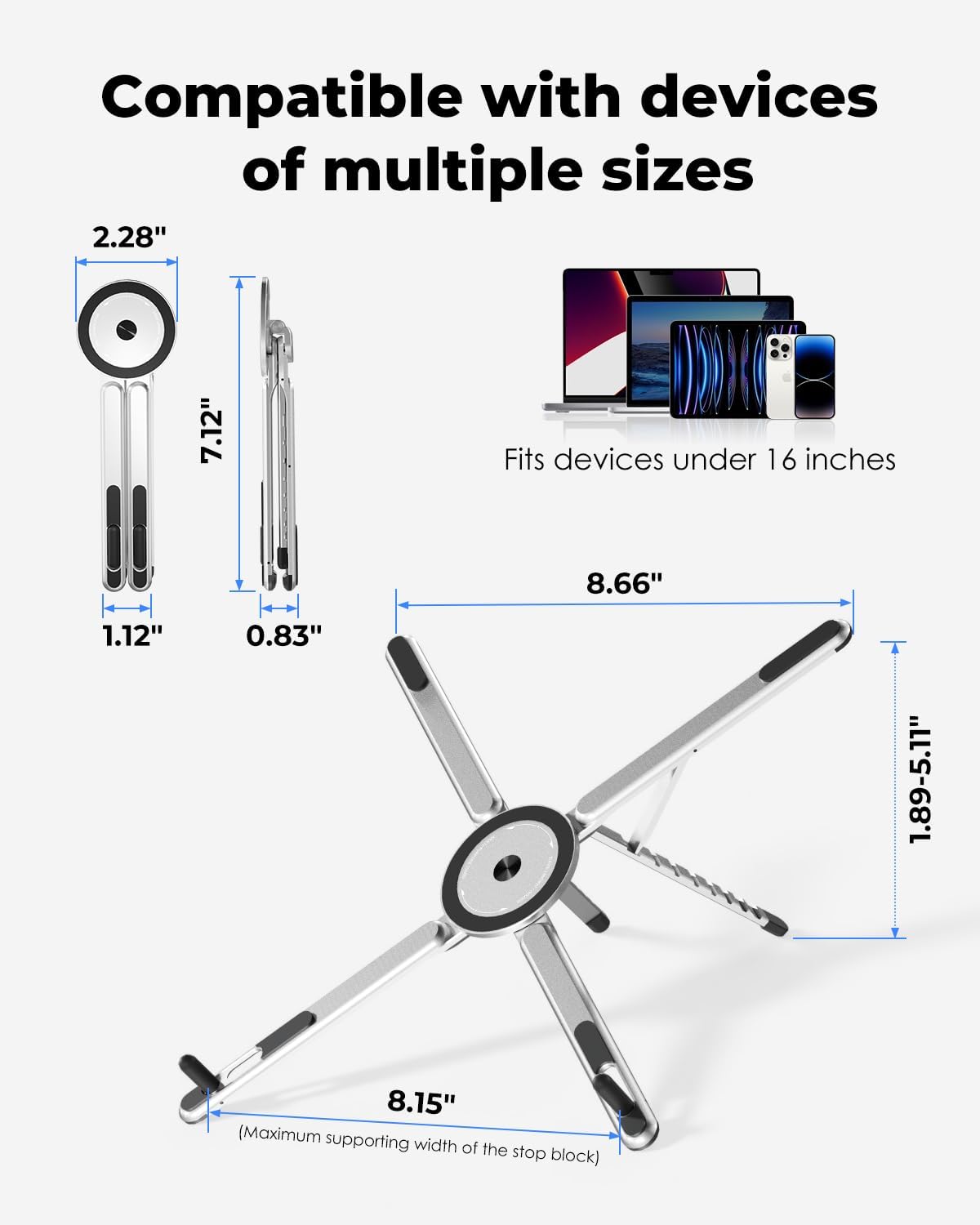 Unidock FlexLift Foldable Aluminum Laptop Stand, 8-Level Adjustable Ergonomic Riser for Desk, Magnetic Multi-Device Stand for Laptop, Tablet & Phone