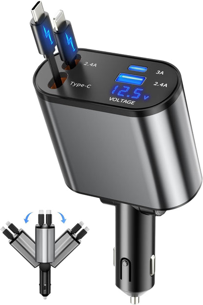 UNIDOCK Upgraded Retractable Car Charger 60W Fast Charging (BIS Certified & Tested)