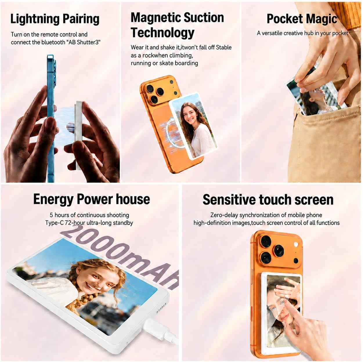 Unidock 4K Wireless Selfie Monitor with Touchscreen, Magnetic Rear Camera Screen for iPhone & Android, Real-Time Preview, Bluetooth Remote Control, App-Free Setup for Vlogging, Content Creation, Reels & Live Streaming