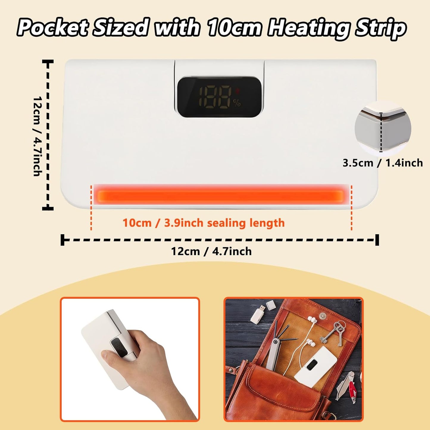 Mini Bag Sealer USB-C Rechargeable – 6 Heat Levels, LED Display, Built-in Cutter & Magnet | One-Touch Chip & Food Bag Heat Sealer for Freshness