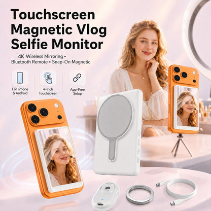 Unidock 4K Wireless Selfie Monitor with Touchscreen, Magnetic Rear Camera Screen for iPhone & Android, Real-Time Preview, Bluetooth Remote Control, App-Free Setup for Vlogging, Content Creation, Reels & Live Streaming