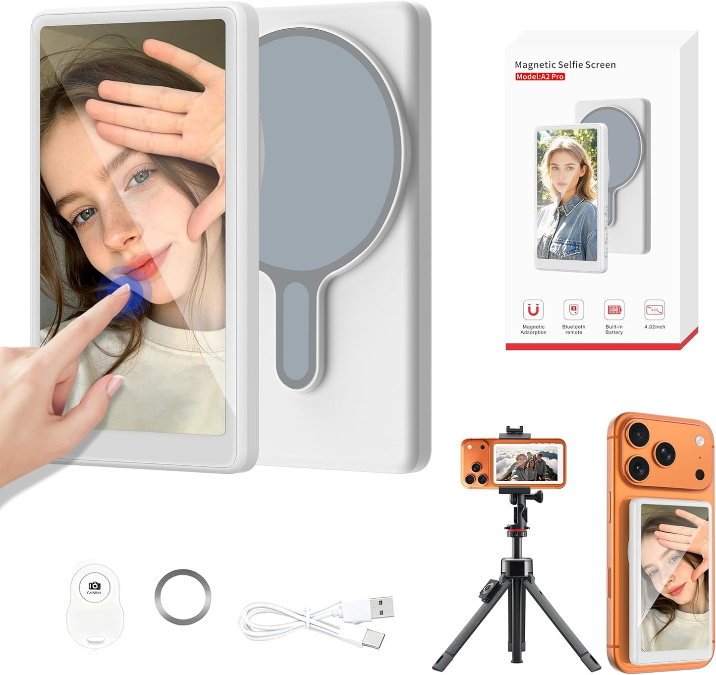 Unidock 4K Wireless Selfie Monitor with Touchscreen, Magnetic Rear Camera Screen for iPhone & Android, Real-Time Preview, Bluetooth Remote Control, App-Free Setup for Vlogging, Content Creation, Reels & Live Streaming