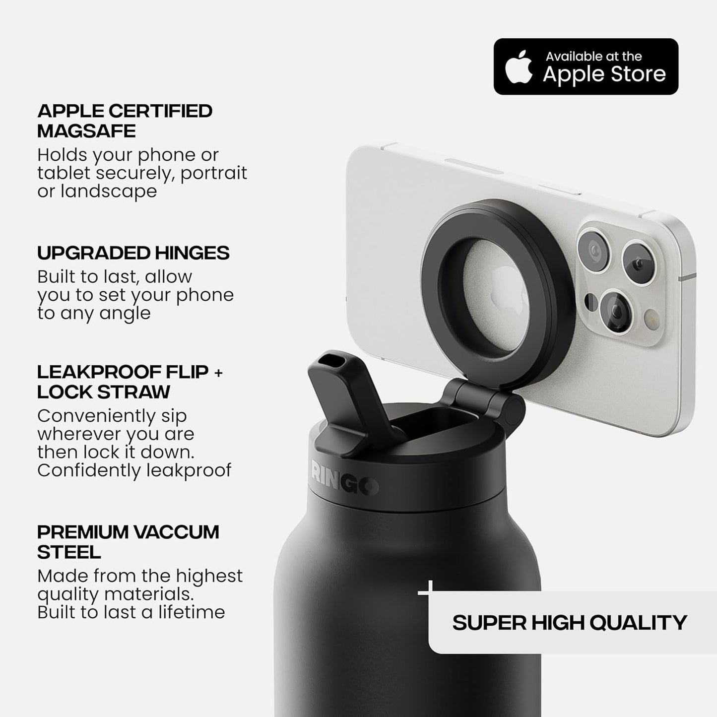 Unidock RINGO Magnetic Bottle with Phone Stand – Leakproof Straw, 24H Cold/12H Hot Insulated Stainless Steel Water Bottle with Comfort Grip & Reinforced Hinge