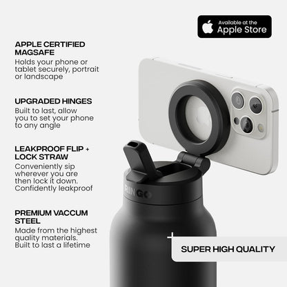 Unidock RINGO Magnetic Bottle with Phone Stand – Leakproof Straw, 24H Cold/12H Hot Insulated Stainless Steel Water Bottle with Comfort Grip & Reinforced Hinge