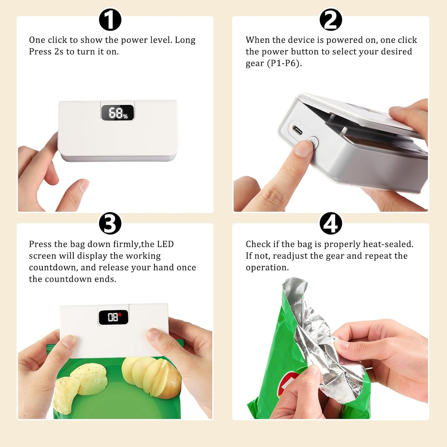 Mini Bag Sealer USB-C Rechargeable – 6 Heat Levels, LED Display, Built-in Cutter & Magnet | One-Touch Chip & Food Bag Heat Sealer for Freshness