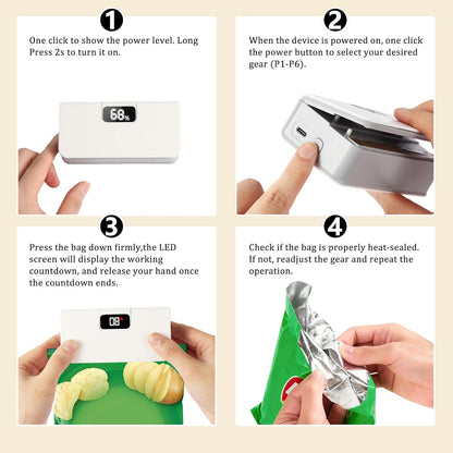 Mini Bag Sealer USB-C Rechargeable – 6 Heat Levels, LED Display, Built-in Cutter & Magnet | One-Touch Chip & Food Bag Heat Sealer for Freshness