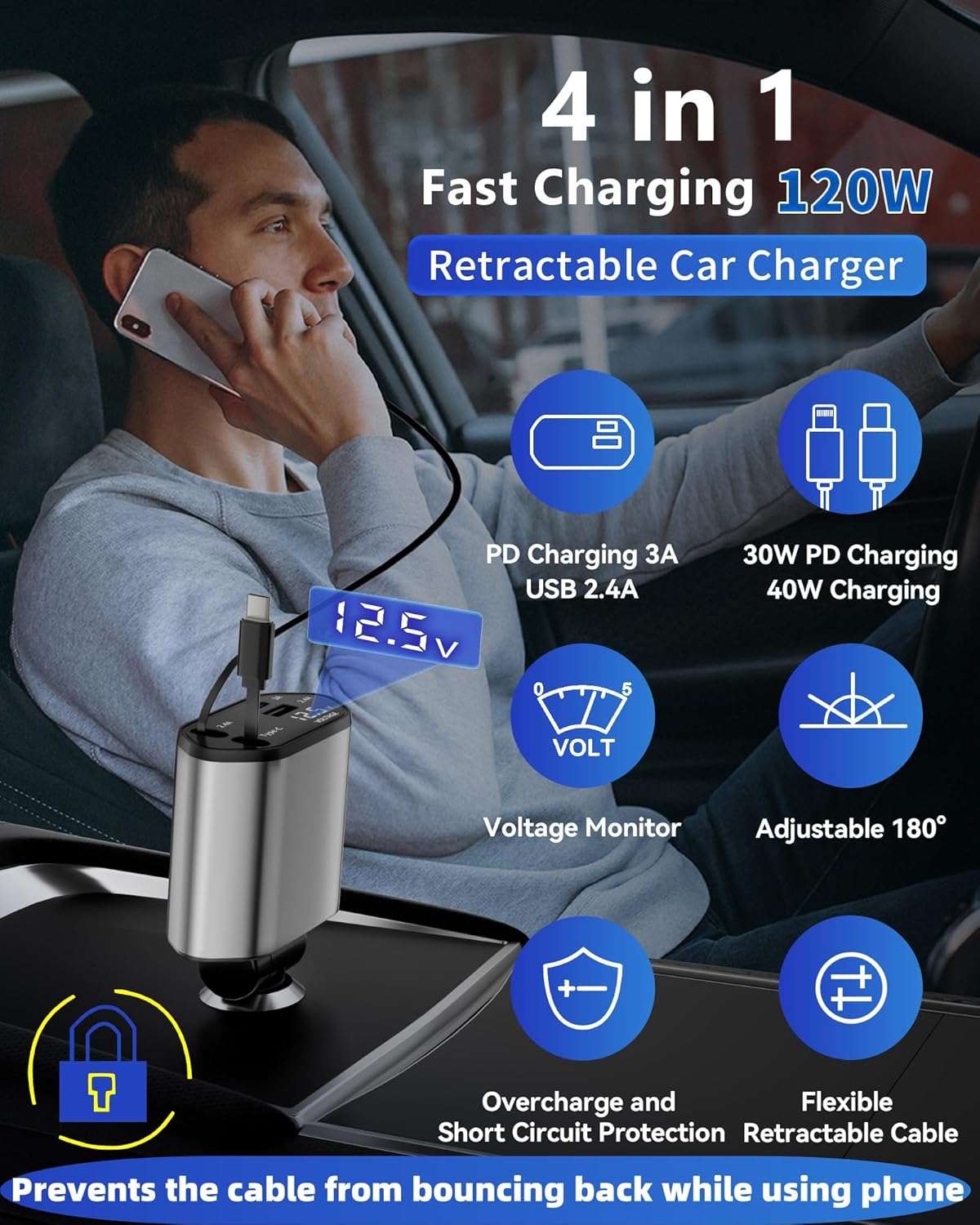 UNIDOCK Upgraded Retractable Car Charger 60W Fast Charging (BIS Certified & Tested)