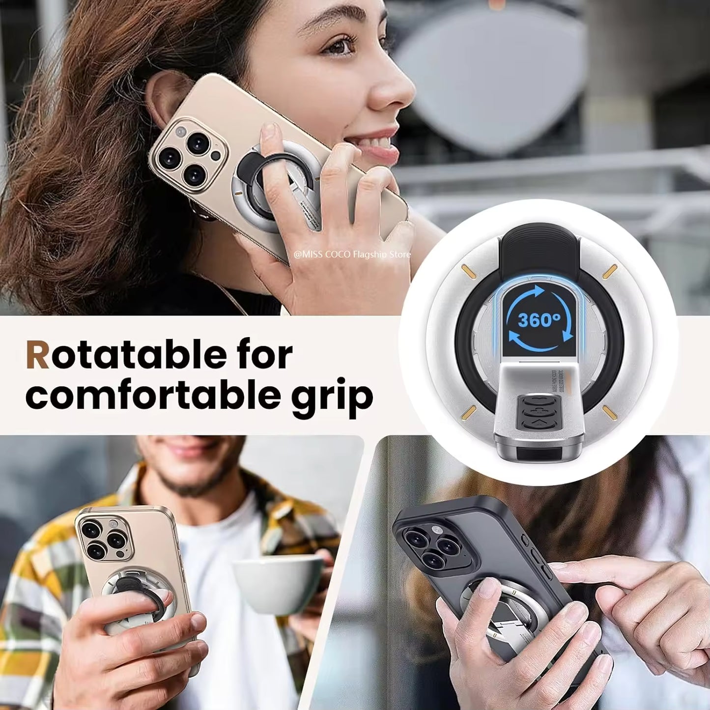 Unidock DualGrip 4-in-1 Magnetic Ring Holder – Strong Grip, 360° Stand, Click Buttons & Works with All Android & iOS Devices (Magnetic Ring Included)